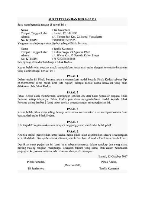contoh surat kerjasama perusahaan