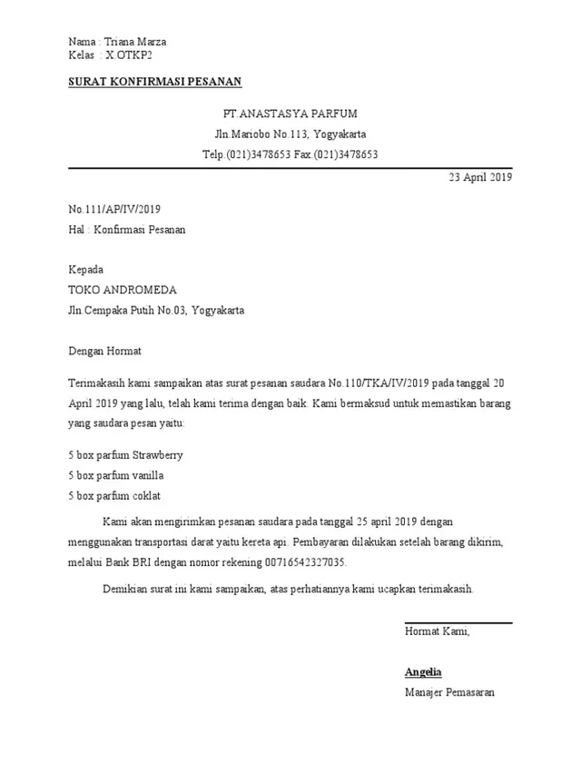 Surat Konfirmasi Pesanan