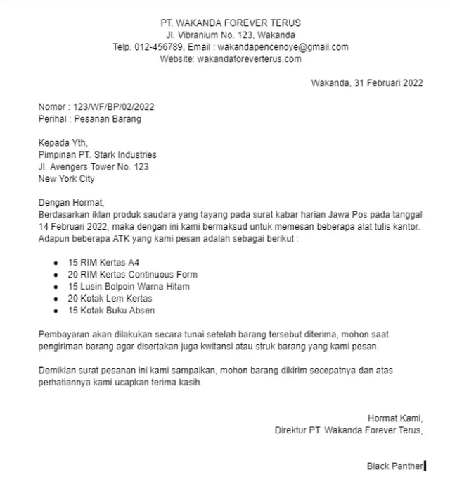 surat pesanan