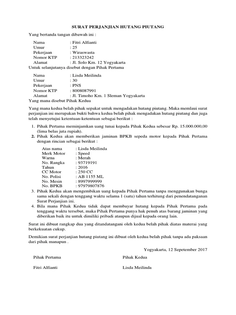 surat hutang piutang