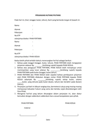 contoh surat perjanjian hutang