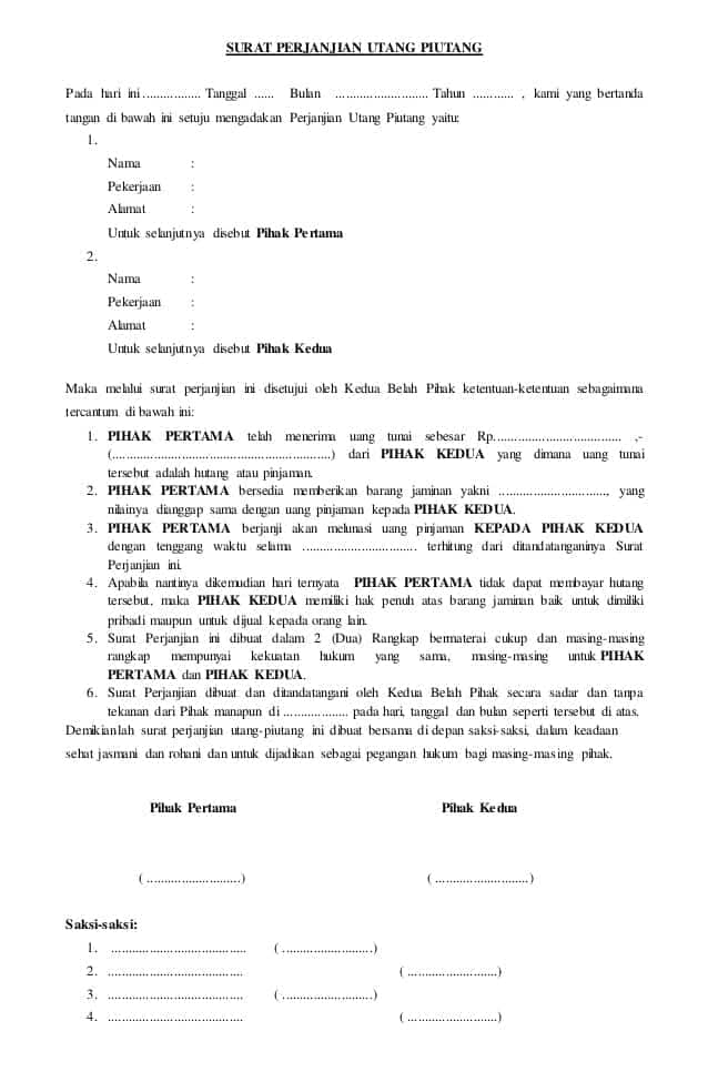 contoh surat perjanjian hutang