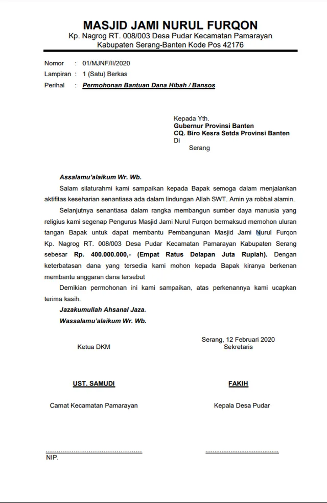 contoh proposal pengajuan dana ke bupati