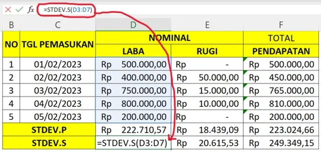 rumus standar deviasi excel