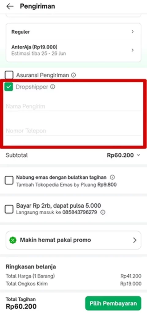 cara dropship tokopedia