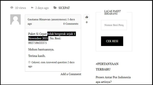 paket sicepat tidak bergerak
