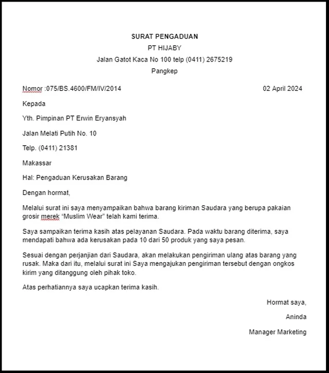 contoh surat pengaduan